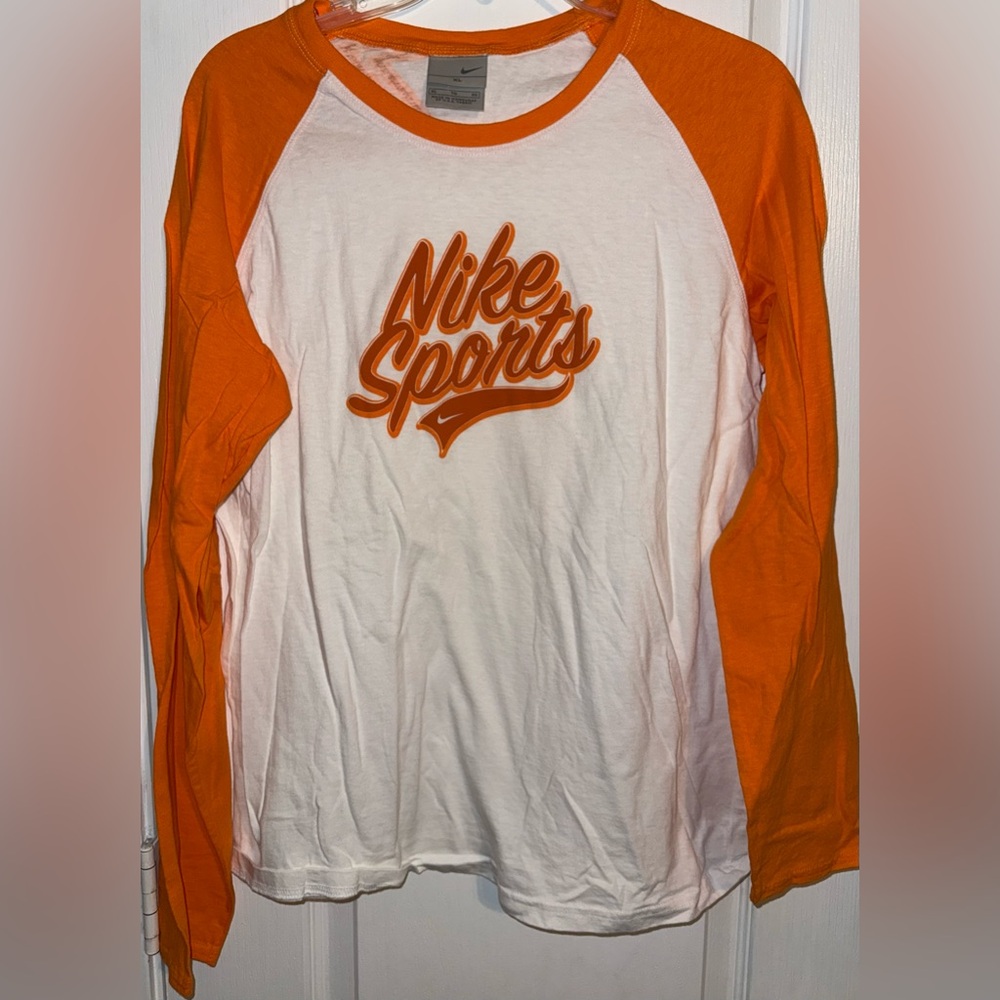 Nike Sports Orange White Vintage Raglan Long Sleeve T-Shirt Size XL